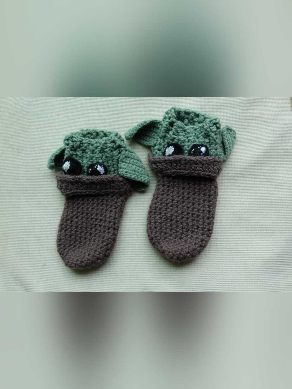 Crocheted Baby Yoda Booties — Green and Brown Character Design